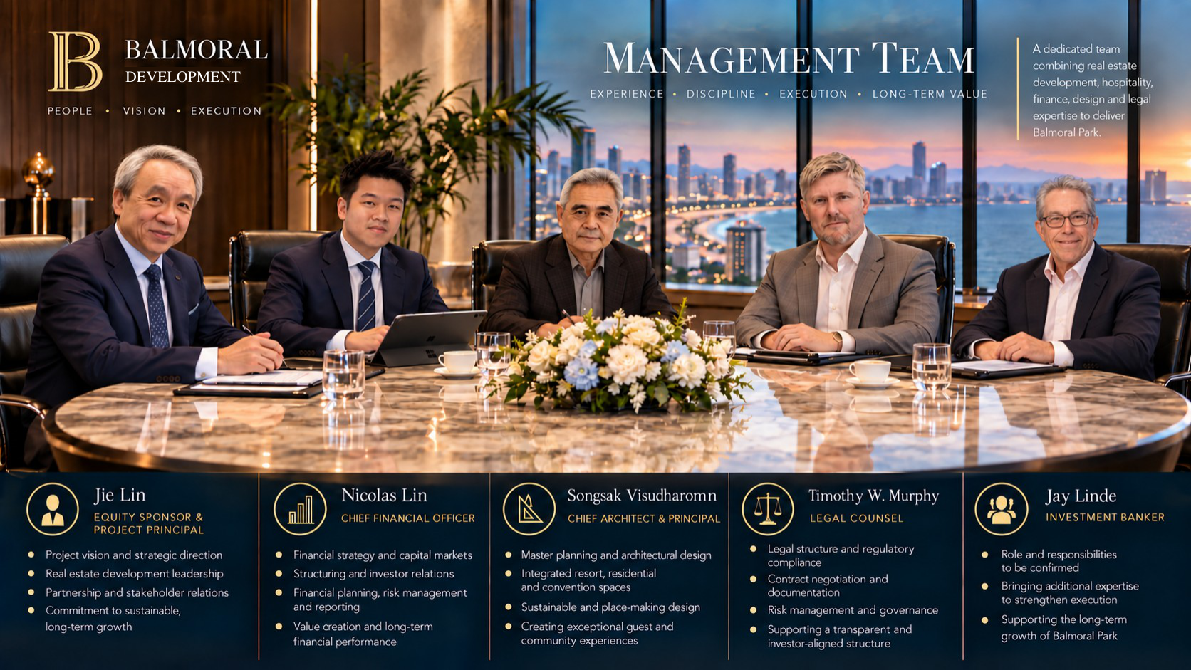 Illustrative meeting scene showing Jie Lin, Nicolas Lin, Songsak Visudharomn, Timothy W. Murphy and Jay Linde seated around a table