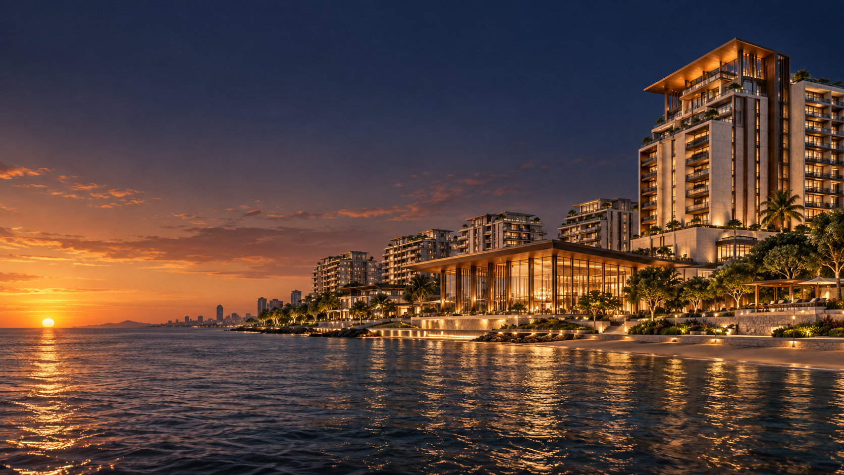 Conceptual rendering of a waterfront hospitality and residential development at sunset